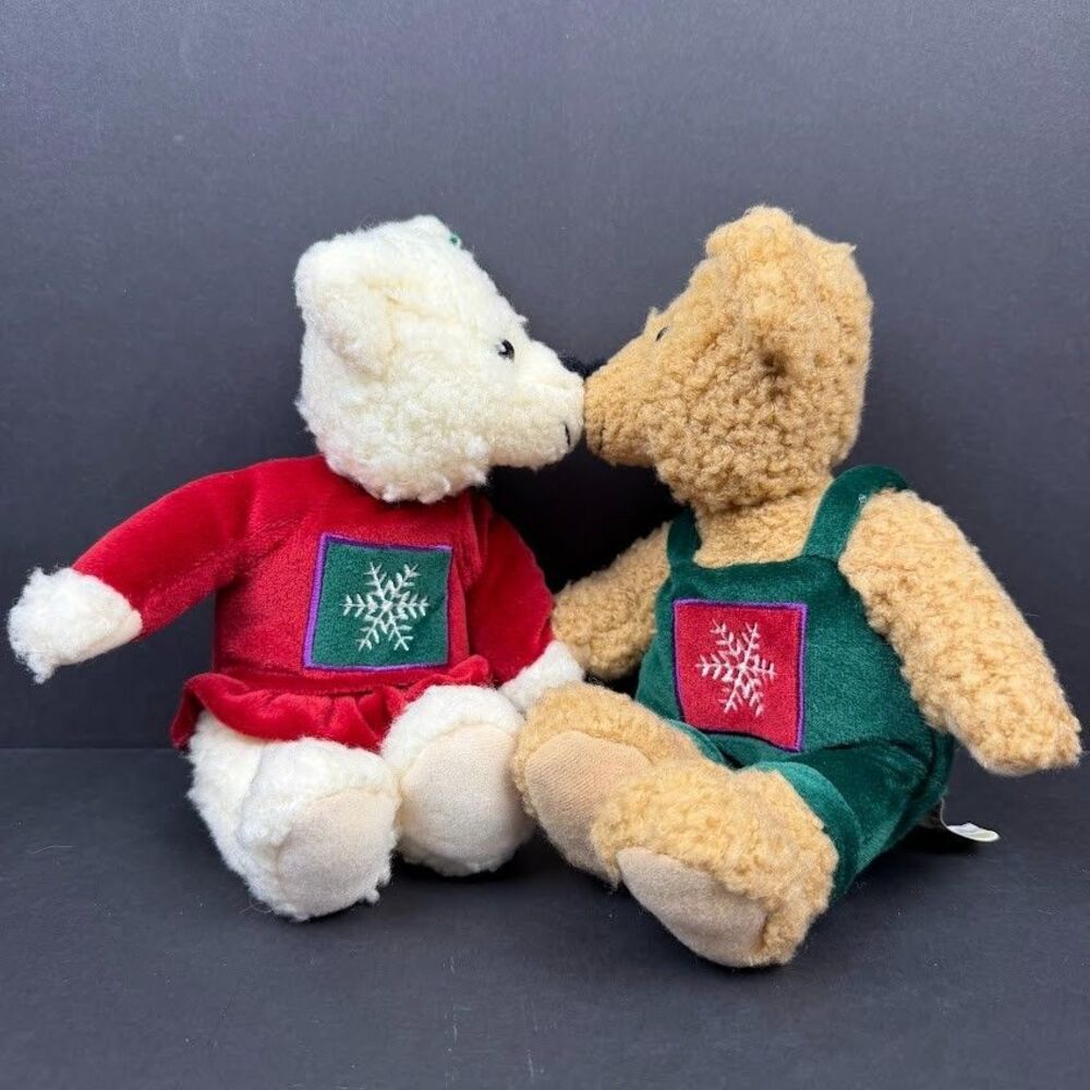 VTG Hallmark Kiss Kiss Mistletoe Plush Christmas Bears Hold Hands, Magnetic Nose